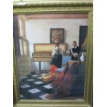 Gilt framed print of Dutch interior scene. Price guide £5-10.