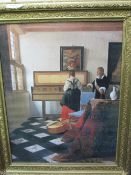 Gilt framed print of Dutch interior scene. Price guide £5-10.