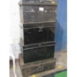 4 black painted small tin trunks/boxes. Price guide £40-50.