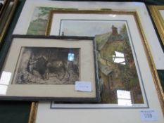 Framed & glazed engraving of horse & handler; unframed print 'The Edge of The Common' & a framed &