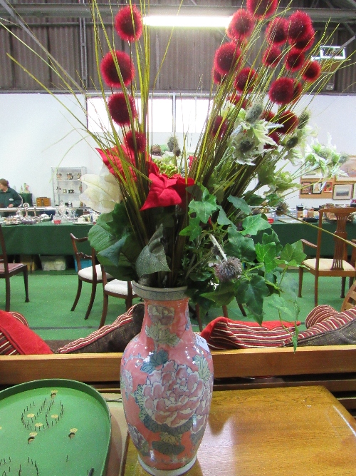 Large pink floral pattern vase & artificial flowers, 47cms high. Price guide £20-30.