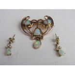 9ct gold & opal art nouveau style brooch & a pair of opal & diamond earrings, total weight of brooch