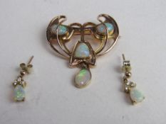 9ct gold & opal art nouveau style brooch & a pair of opal & diamond earrings, total weight of brooch