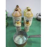 4 salt-glazed flagons, 2 salt-glazed bottles & a copper saucepan. Price guide £20-30.