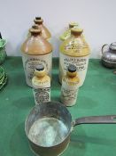 4 salt-glazed flagons, 2 salt-glazed bottles & a copper saucepan. Price guide £20-30.