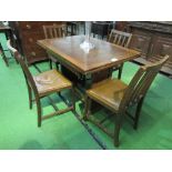 Oak draw-leaf table on block ends with 2 stretchers, 106cms (closed) x 76cms x 76cms & 4 rail-back