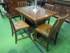 Oak draw-leaf table on block ends with 2 stretchers, 106cms (closed) x 76cms x 76cms & 4 rail-back