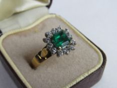 18ct gold ring with square green stone surrounded with diamonds, size Q 1/2, wt 5.7gms. Price