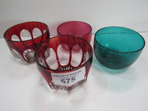 2 ruby & clear glass bowls with faceted sides & star cut base, a cranberry glass bowl with star