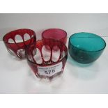 2 ruby & clear glass bowls with faceted sides & star cut base, a cranberry glass bowl with star