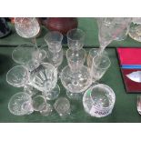 Qty of drinking glasses, some etched & including an etched tall goblet. Price guide £5-10.