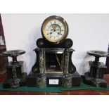 19th century 8-day French 3 piece black marble clock with visible escapement & mercury pendulum.