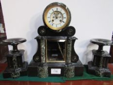 19th century 8-day French 3 piece black marble clock with visible escapement & mercury pendulum.