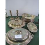 6 items of silver plate including a decorative entree dish. Price guide £10-20.