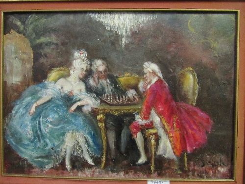 Gilt framed oil on canvas of Georgian interior scene. Price guide £5-10.