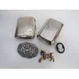 Small silver cigarette case, Birmingham 1923, 1.66ozt & another silver brooch, marked H90 & 2