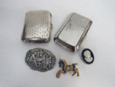 Small silver cigarette case, Birmingham 1923, 1.66ozt & another silver brooch, marked H90 & 2