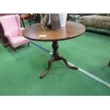 Mahogany low tilt-top pedestal table to pad feet, 76cms diameter x 64cms high. Price guide £20-30.