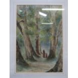 Framed & glazed watercolour of woman & child walking in woods, signed F G Hancock. Price guide - £