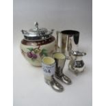Decorative biscuit barrel with silver plate collar, silver plate pint tankard, small Viners' jug & a