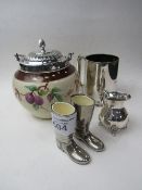 Decorative biscuit barrel with silver plate collar, silver plate pint tankard, small Viners' jug & a