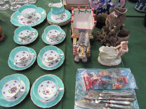 A New Chelsea part tea set, an oriental-style pot on stand, a marble decorative vase, 3 silver plate