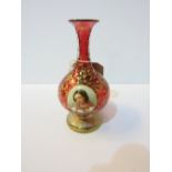 Bohemian Ruby glass vase with gilt overlay with hand-painted miniature of a girl & flowers. Price