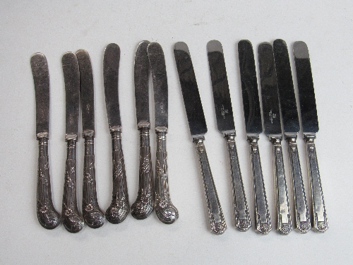 6 silver handled desert knives, Sheffield 1936 & 6 silver pistol-grip handled desert knives,
