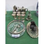 A brass Buddha figurine, an ebony dragon dish, a qty of silver plate & a glass bowl with silver
