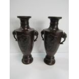 A pair of oriental bronze vases, 31.5cms height. Price guide £150-180.