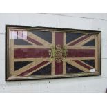 Framed Union Jack c/w Royal Coat of Arms, 59cms x 119cms. Price guide £20-30.