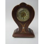 30 hour balloon shape wooden inlaid desk/mantle clock. Price guide £25-30.