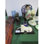 A lion figurine, a horse figurine, a carved wall mounted figurine of a woman & assorted china &
