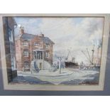 Framed & glazed watercolour of a Customs House, signed C F E Harvey '59. Price guide £10-15.