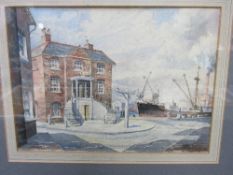 Framed & glazed watercolour of a Customs House, signed C F E Harvey '59. Price guide £10-15.