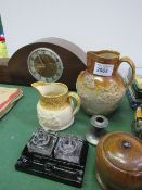 A Doulton Lambeth hunting jug, a Buchan stoneware jug, a Wood's tobacco jar in wooden pot, a pen &