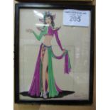 Framed & glazed watercolour of an exotic dancer. Price guide £10-15.