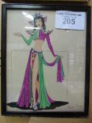 Framed & glazed watercolour of an exotic dancer. Price guide £10-15.