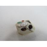 Square ivory button decorated with mother of pearl & stone inlay of flowers & insects