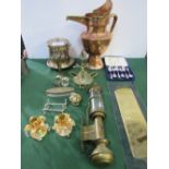 Qty of metal ware items including a GWR marked wall-mounted candle holder