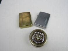 2 Zippo lighters & silver plated trinket box with the Arms of Blackpool Corporation on lid. Price