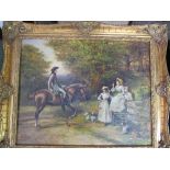 Ornate gilt geso framed oil on wood panel of Georgian scene, rider & ladies with dogs, signed bottom