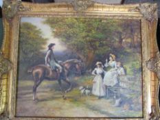 Ornate gilt geso framed oil on wood panel of Georgian scene, rider & ladies with dogs, signed bottom