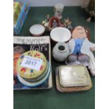 Collection of Nursery World magazines, a Tetley soft toy, qty of tins, assorted china, a qty of