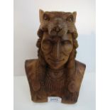 Large hand-carved red oak Indian chieftain bust wearing wolf headpiece. Price guide £50-80.