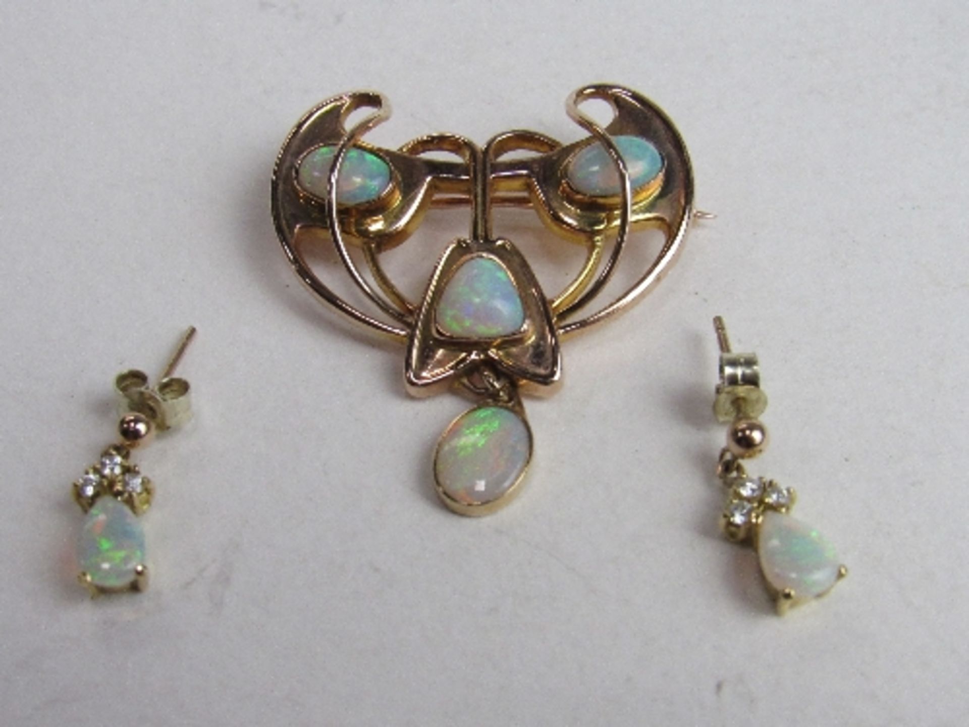 9ct gold & opal art nouveau style brooch & a pair of opal & diamond earrings, total weight of brooch - Image 4 of 4