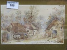 Framed & glazed watercolour of a farmyard scene, signed J R Coate. Price guide £10-20.