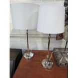 A pair of silver coloured metal table lamps & shades. Price guide £5-10.
