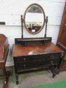 Oak dressing chest of 2 drawers with shelf & oval mirror above, 91cms x 44cms x 151cms. Price