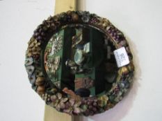 Circular wall mirror with floral & grapes applique decoration to frame, 14"" diameter